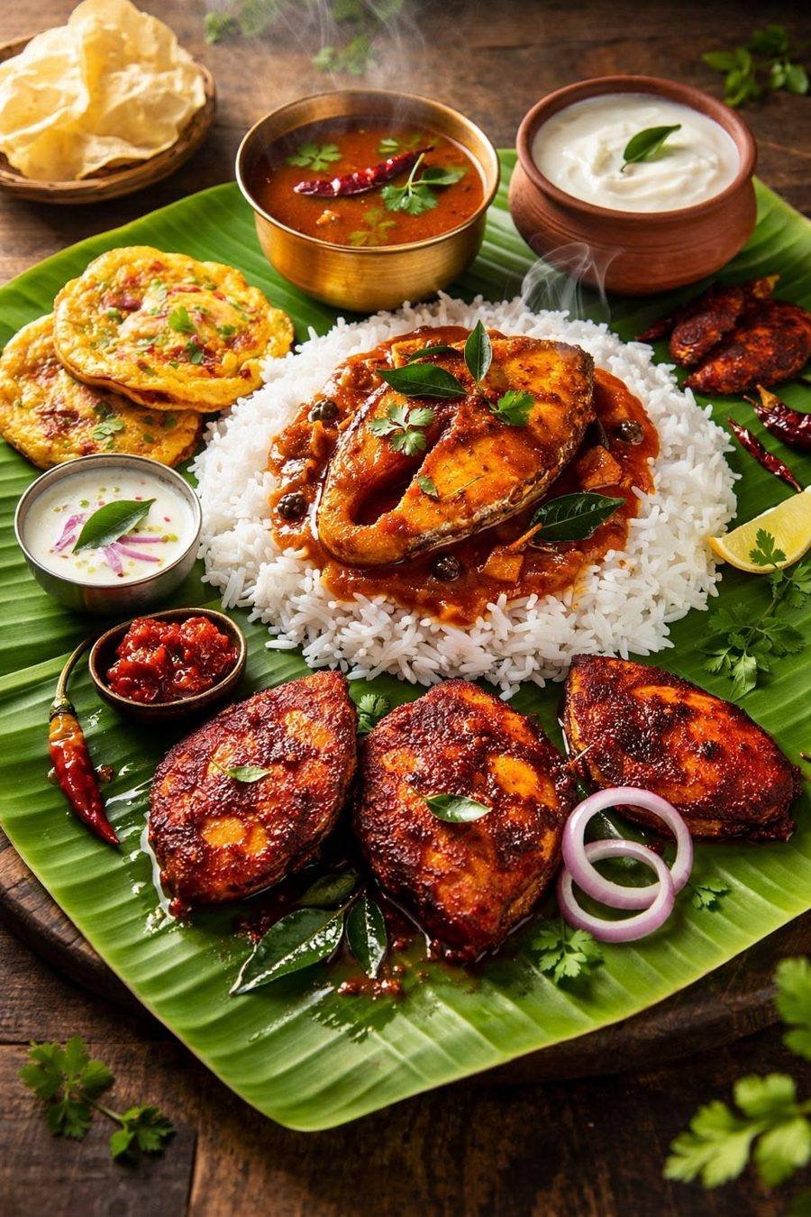 Meenavan Unavagam fish curry meals thali, served on banana leaf