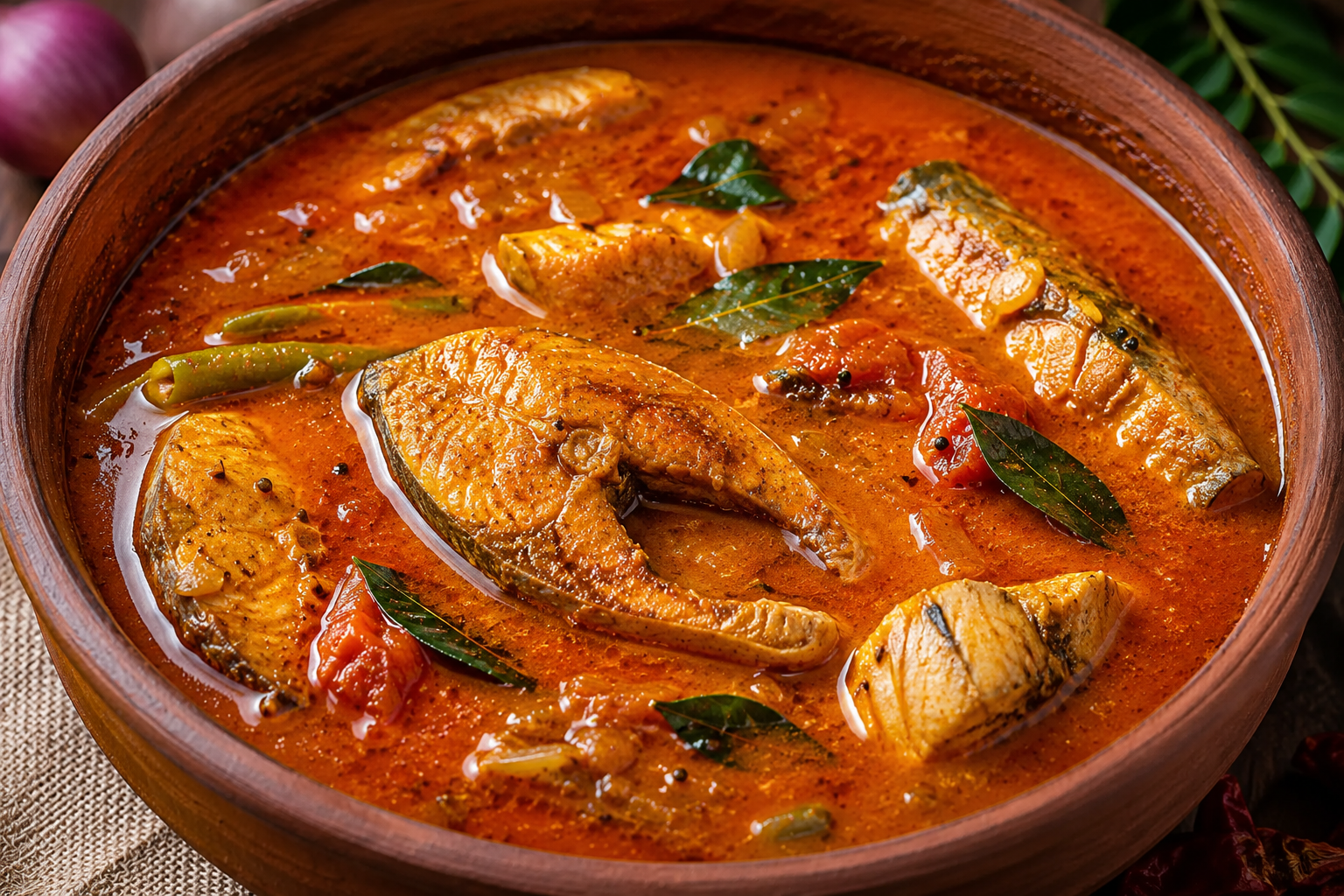 Meen Kuzhambu, fish curry plate